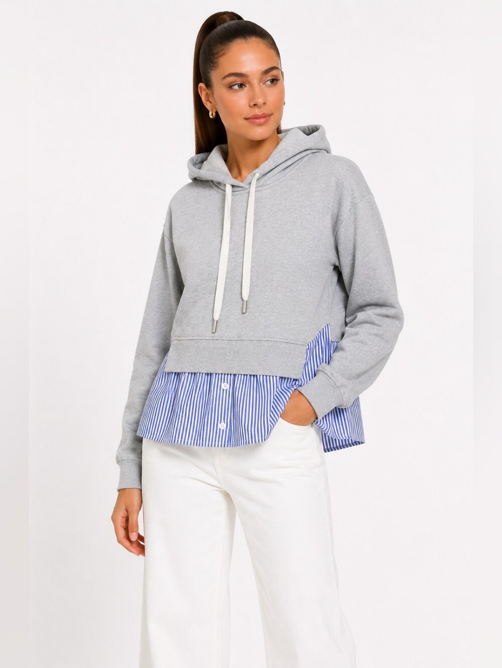 Veronica Beard Hockley Layered Hoodie Sweatshirt Gray Striped Shirt Hem S